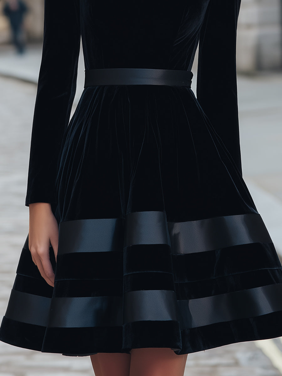 Black Velvet Fit-and-Flare Dress With Satin Stripes ZJ