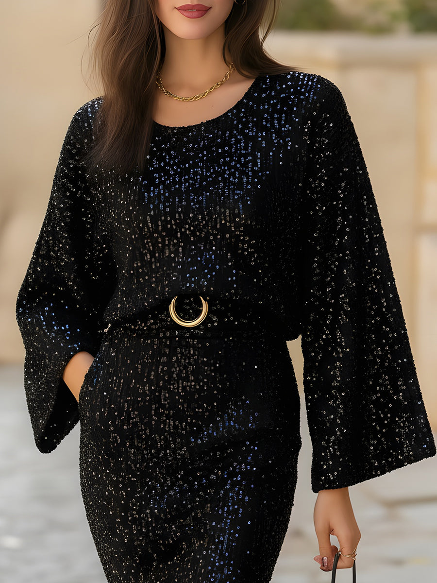 Sequin Knit Bell-Sleeve Belted Bodycon Dress MLZ