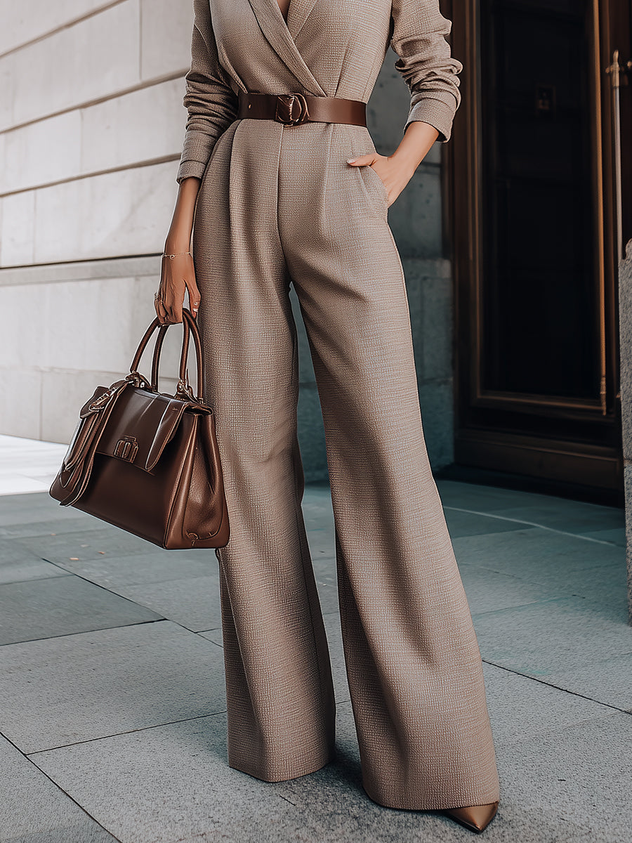 Taupe Belted Blazer Jumpsuit With Wide-Leg Silhouette XYS