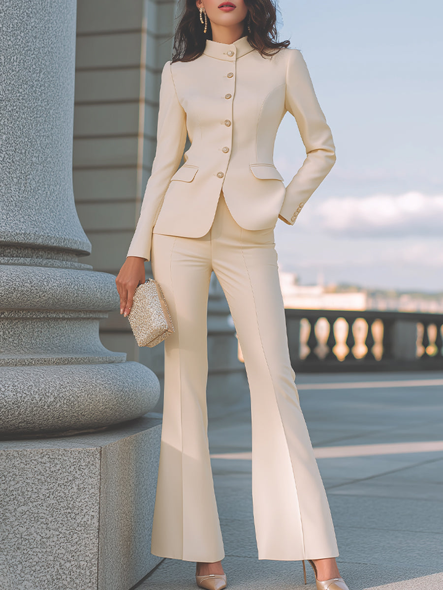 Stand Collar Tailored Blazer And Flared Trousers Set XYS