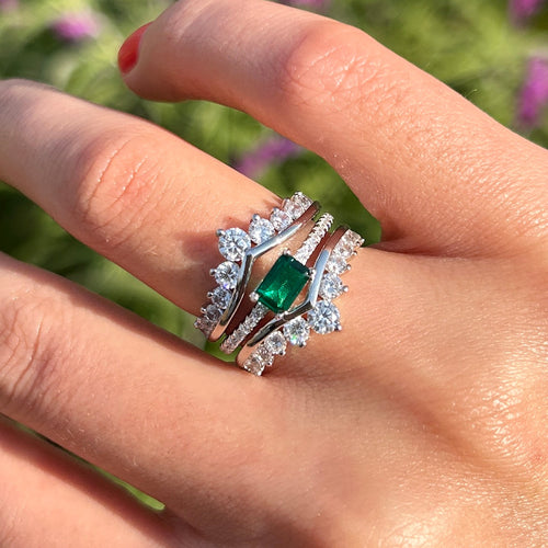 2 Pcs Green Emerald Cut Insert Bridal Sets In Sterling Silver Shine of Diamond