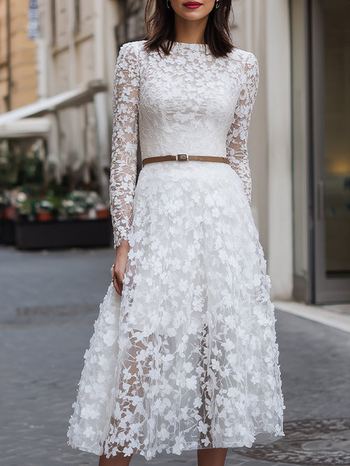 Elegant Floral Lace Long-Sleeve Midi Dress HWT
