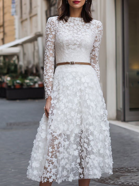 Elegant Floral Lace Long-Sleeve Midi Dress HWT