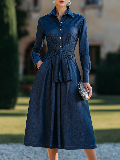 Tailored Shirt-Dress With Cinched Waist Tie Detail XYS