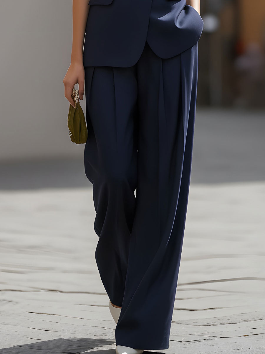 CAAYWORLD Presents The Sleek Navy Sleeveless Blazer & Wide-Leg Trouser Set SN