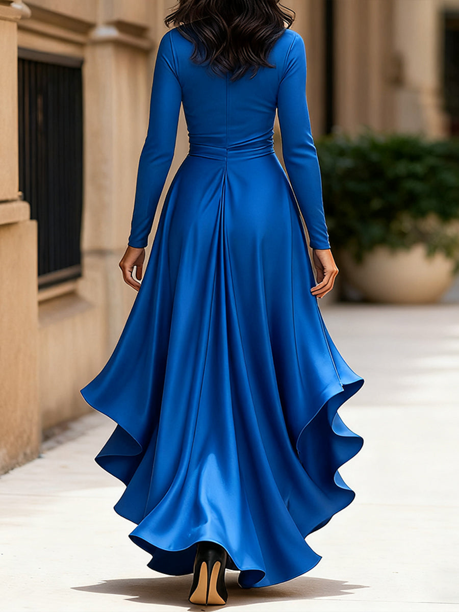 Midnight Blue Draped Satin Maxi Dress With Ruffle Details ZJ