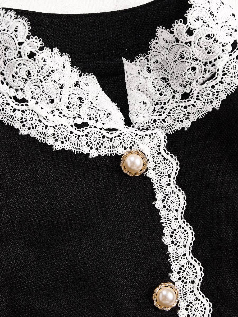 Elegant Pearl Button Blazer With Contrast Lace Trim MLZ