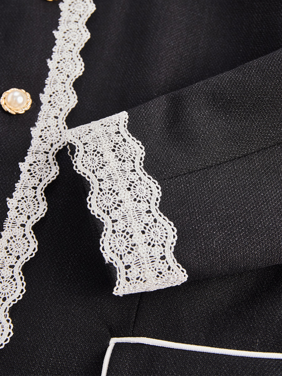 Elegant Pearl Button Blazer With Contrast Lace Trim MLZ