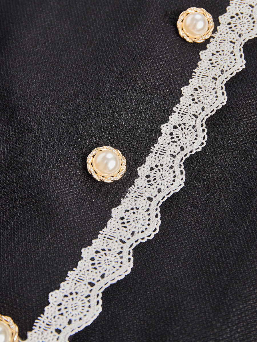 Elegant Pearl Button Blazer With Contrast Lace Trim MLZ