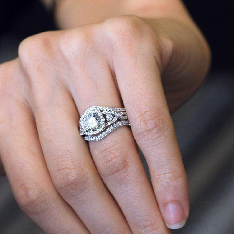 Exquisite Twisted Round Cut Halo Sterling Silver Bridal Sets Shineofdiamond