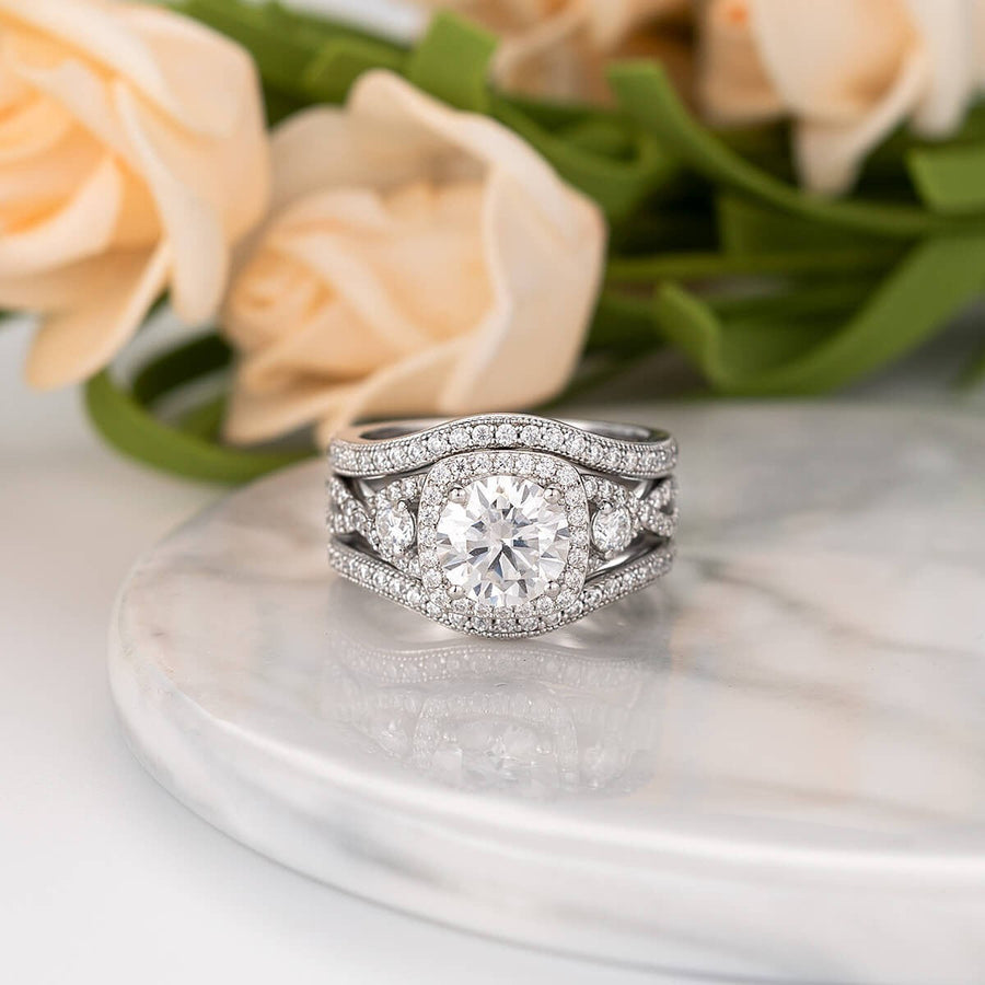 Exquisite Twisted Round Cut Halo Sterling Silver Bridal Sets Shineofdiamond