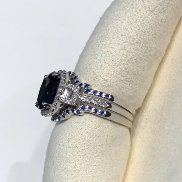 Stunning Cushion Cut Blue Sterling Silver 3PC Bridal Set Shineofdiamond