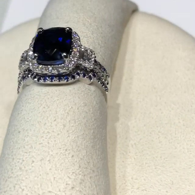 Stunning Cushion Cut Blue Sterling Silver 3PC Bridal Set Shineofdiamond