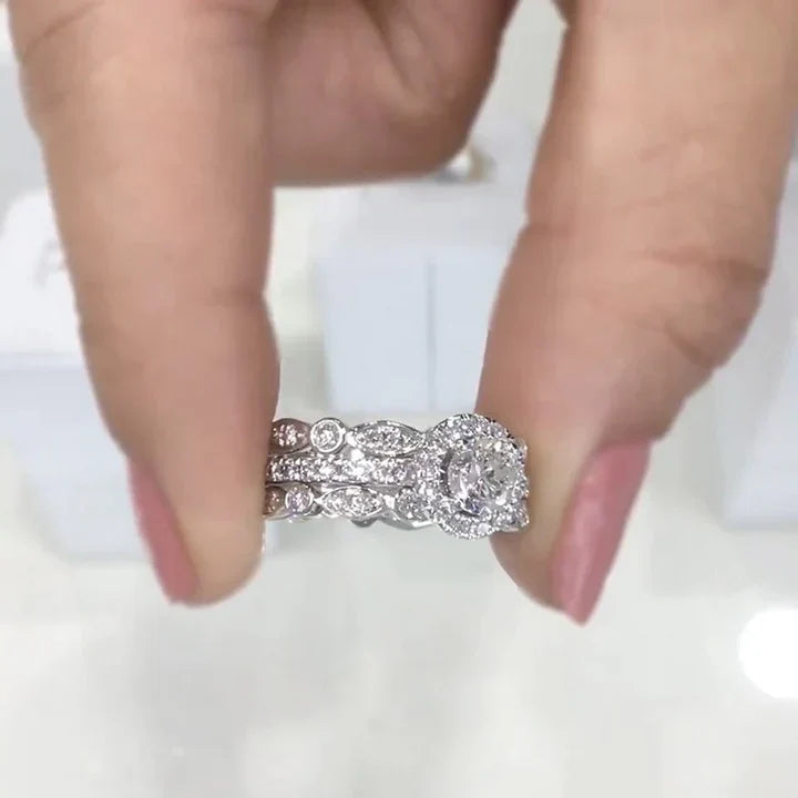 Exquisite 3-Piece Halo Round Cut Sterling Silver Bridal Sets- ONLY Size 7.0 Avaliable Juluro