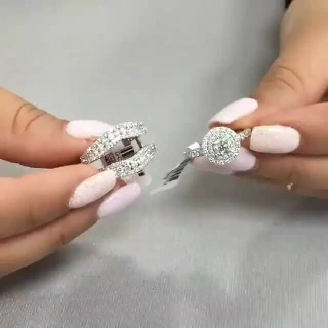 Double Halo Round Cut  Insert Bridal Set Rings in Sterling Silver hot