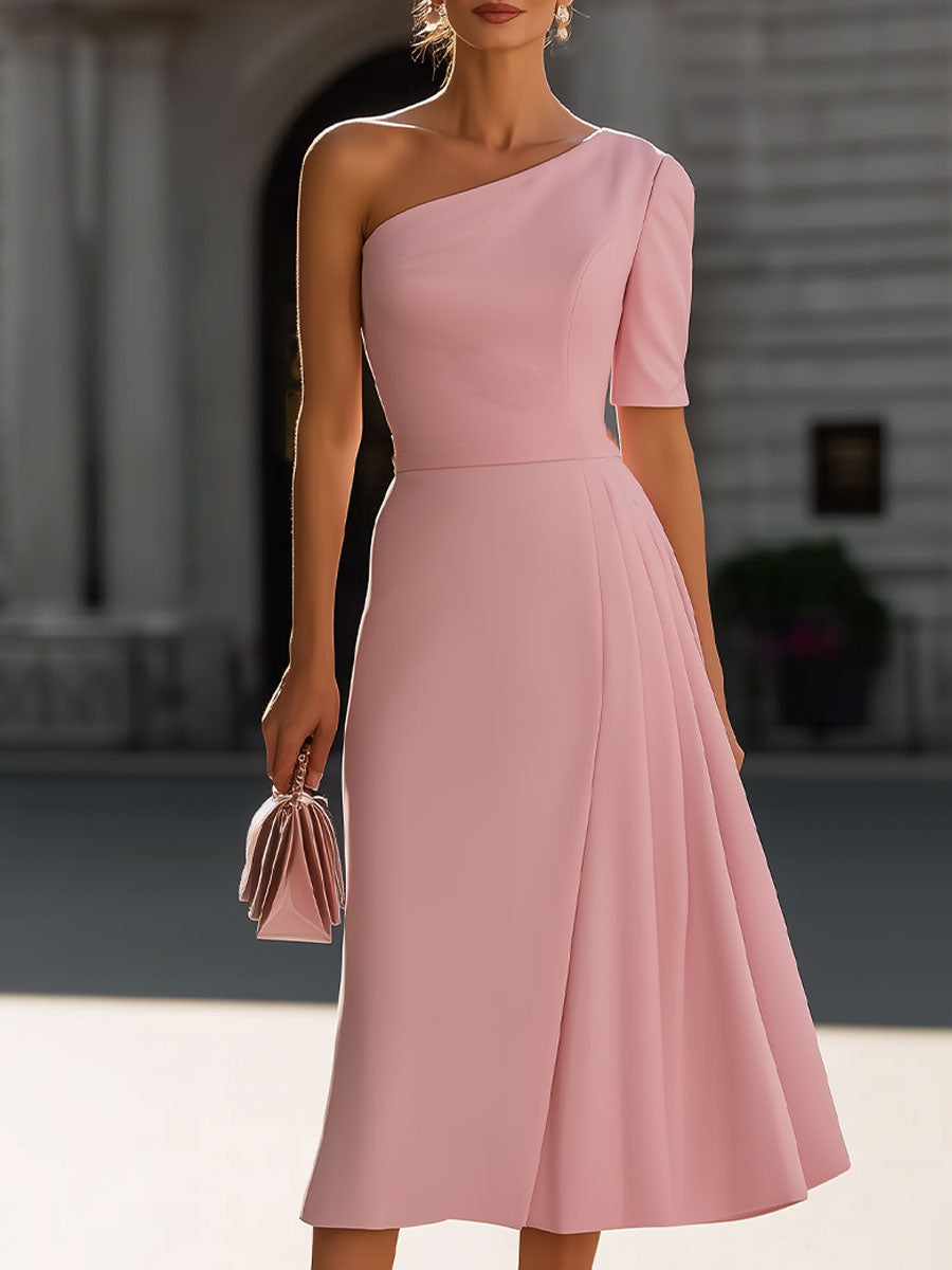 Blush Pink One-Shoulder Midi Dress SN