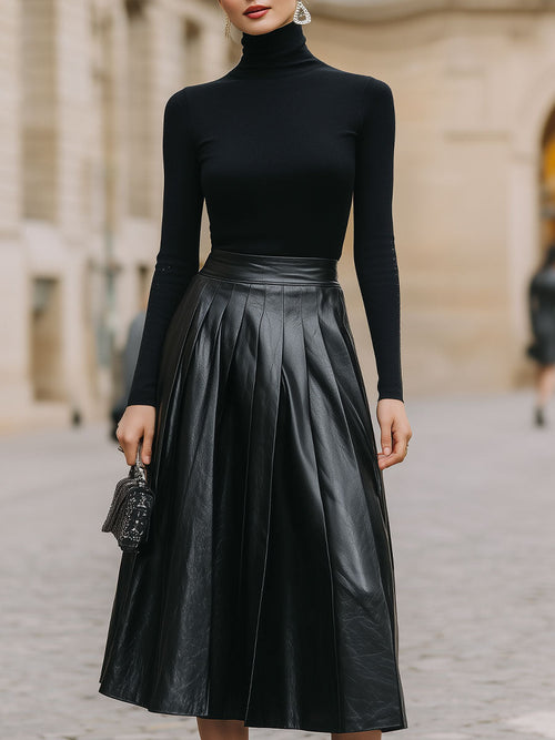 CAAYWORLD Sleek Black Turtleneck & Leather Pleated Skirt Set SN