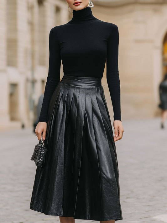 Casa Laro Sleek Black Turtleneck & Leather Pleated Skirt Set SN