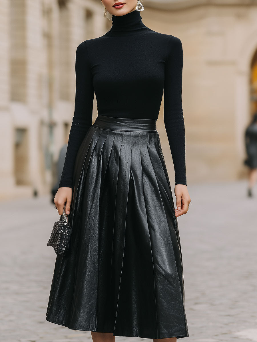CAAYWORLD Sleek Black Turtleneck & Leather Pleated Skirt Set SN