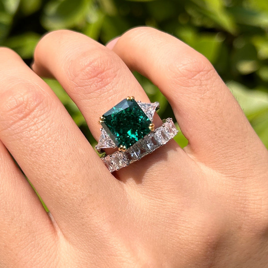 2 Pcs Gorgeous Emerald Green Radiant Cut Sterling Silver Bridal Set For Women Carly Jewelry