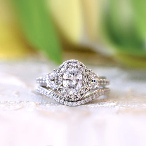 Vintage Curved Art Deco Oval Cut Bridal Set In Sterling Silver Shineofidamond
