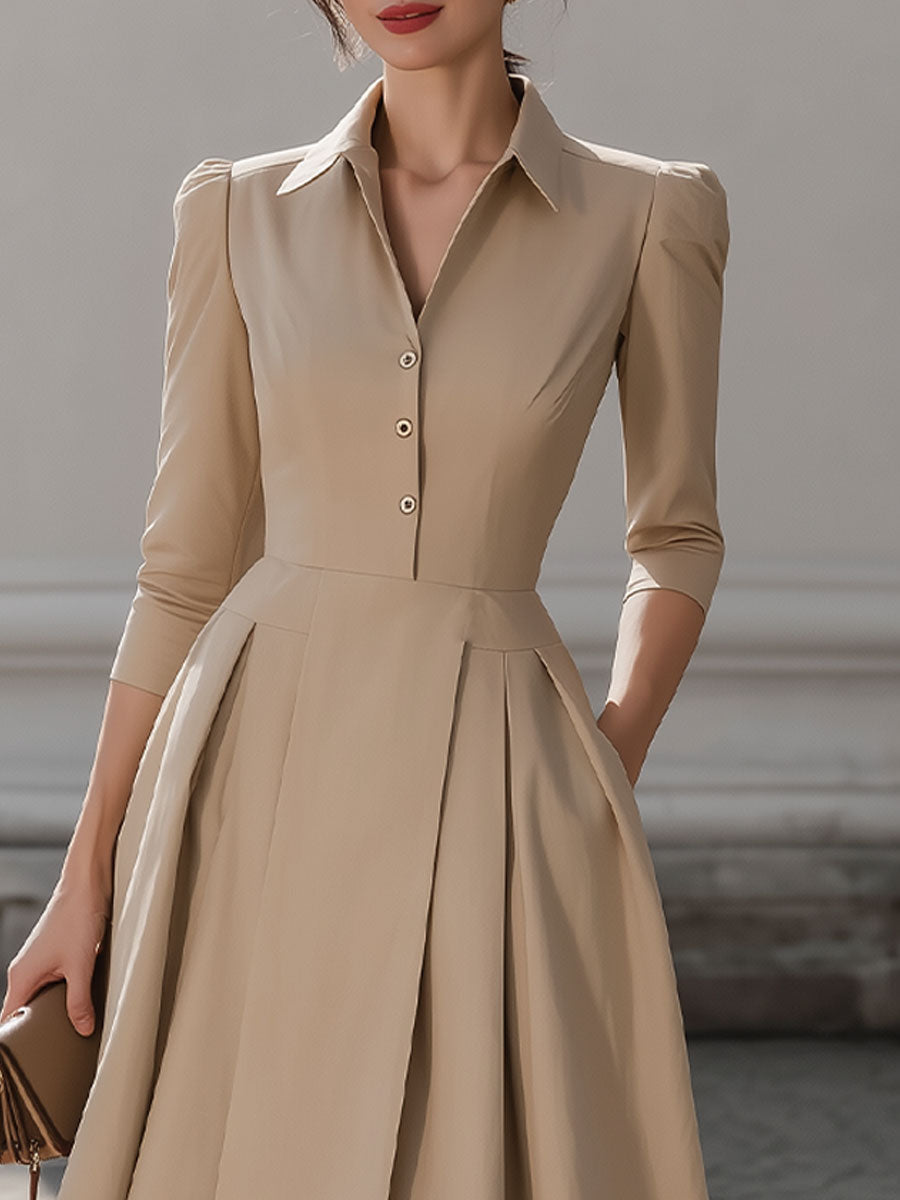 CAAYWORLD Beige Shirt-Collar Pleated Midi Dress SN