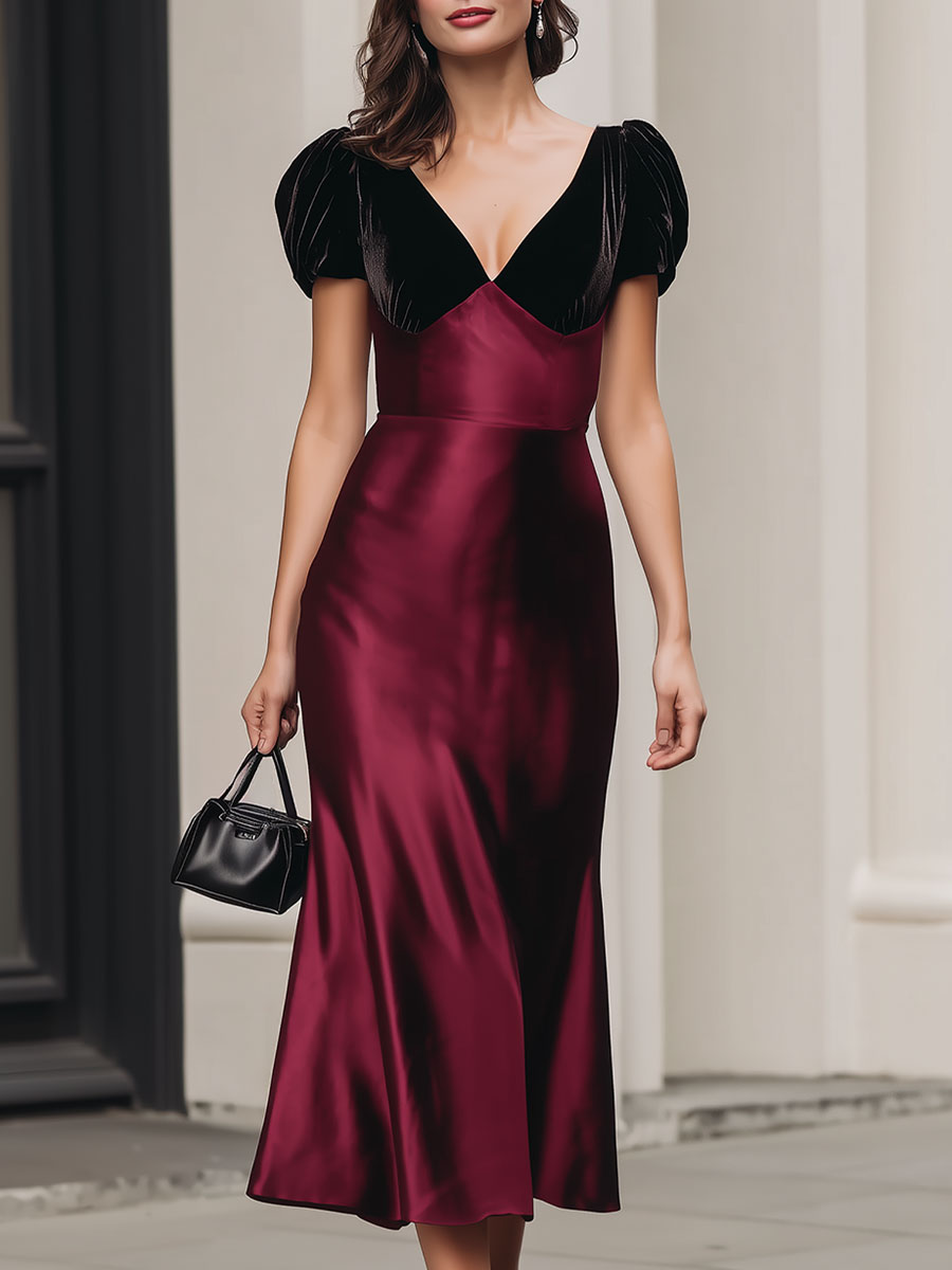 Burgundy Satin Midi Dress With Black Velvet Puffy Sleeves SN