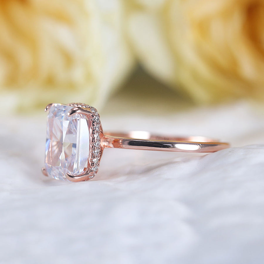 Stunning Hidden Halo Design Radiant Cut Sterling Silver Engagement Ring Shine of Diamond