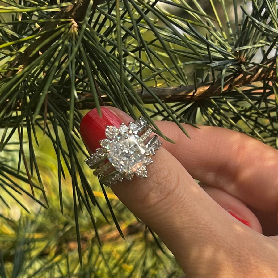 Vintage Hidden Halo Cushion Cut Insert Wedding Ring Set In Sterling Silver Shine of Diamond