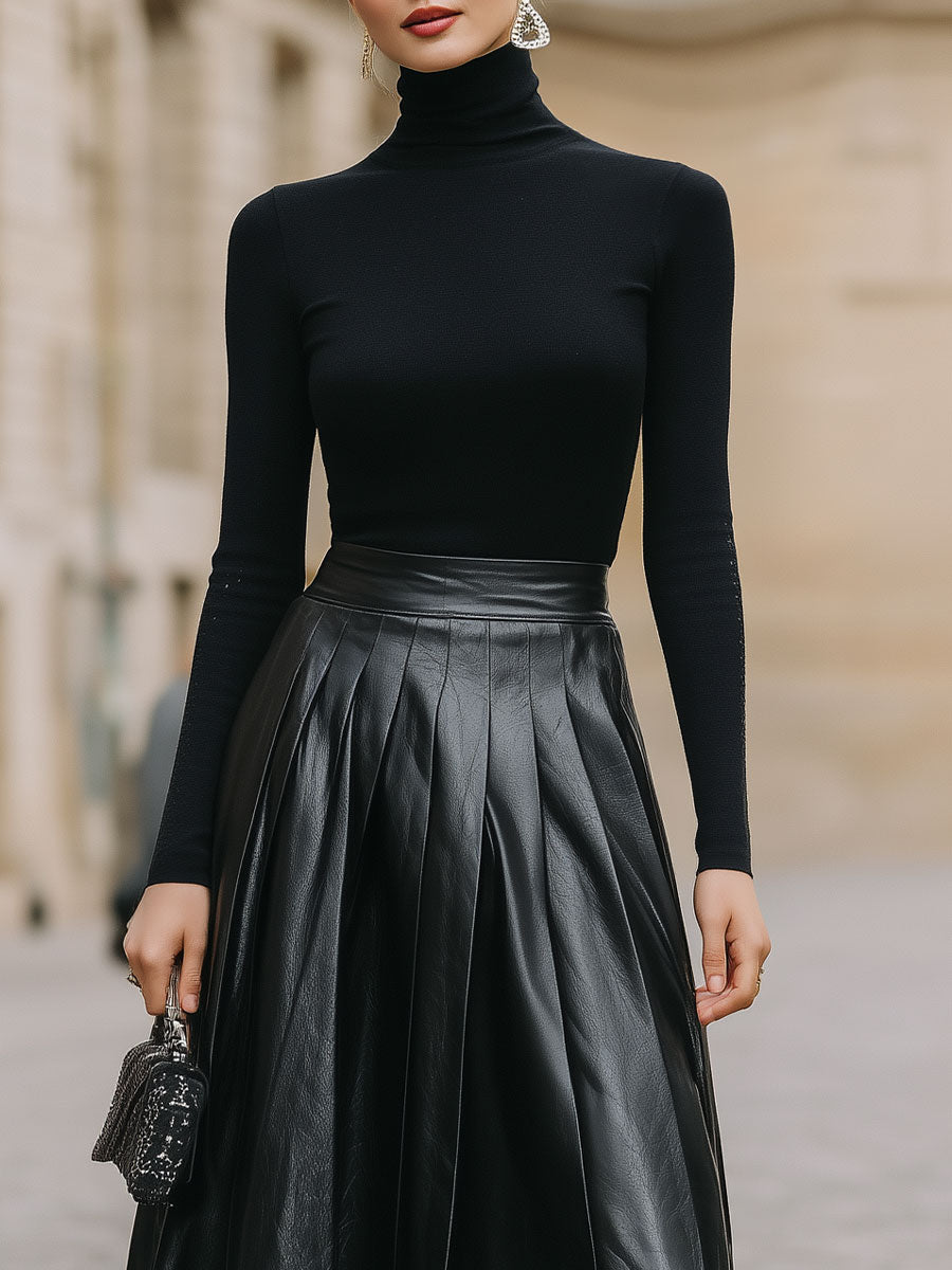 CAAYWORLD Sleek Black Turtleneck & Leather Pleated Skirt Set SN