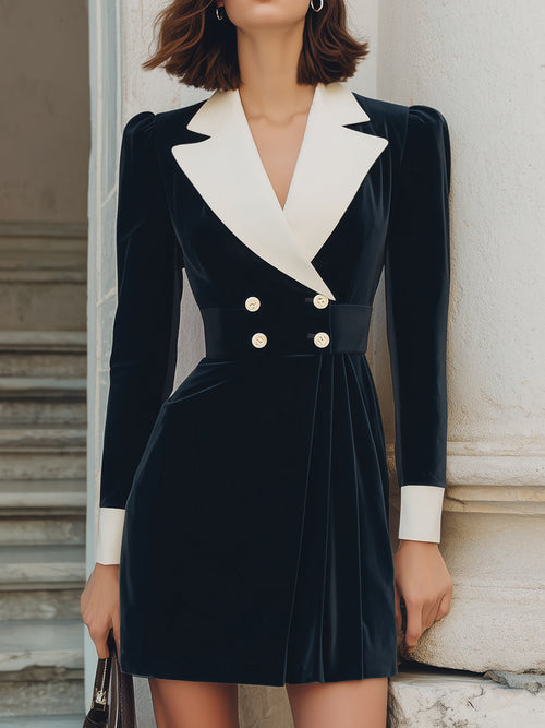 Black Velvet Contrast-Lapel Double-Breasted Blazer Dress ZJ