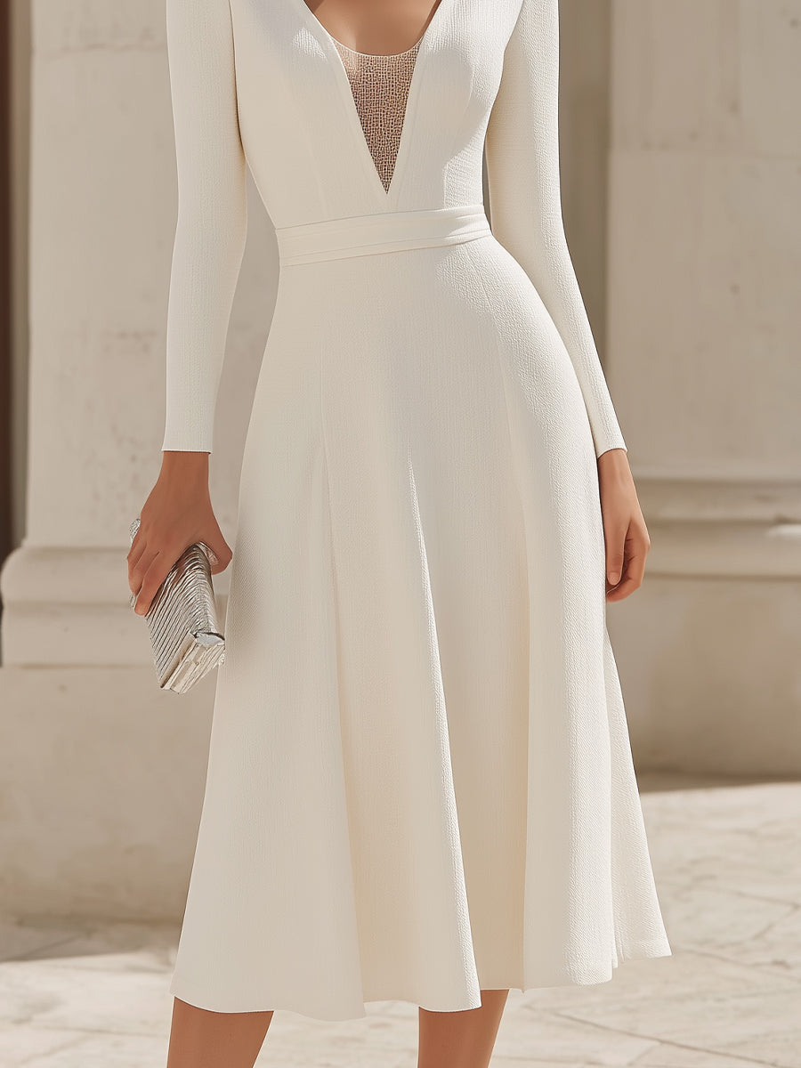 Long Sleeve Deep V Midi Dress With Sheer Panel XYS