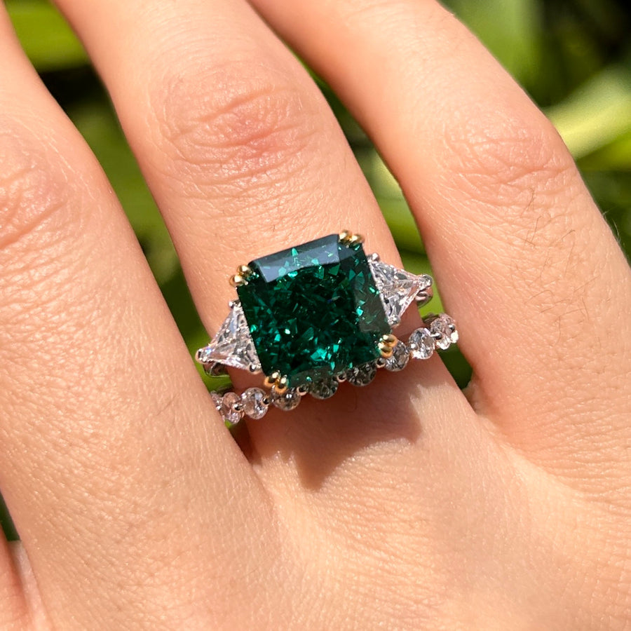 Vintage Emerald Green Radiant Cut Sterling Silver Bridal Set Carly Jewelry