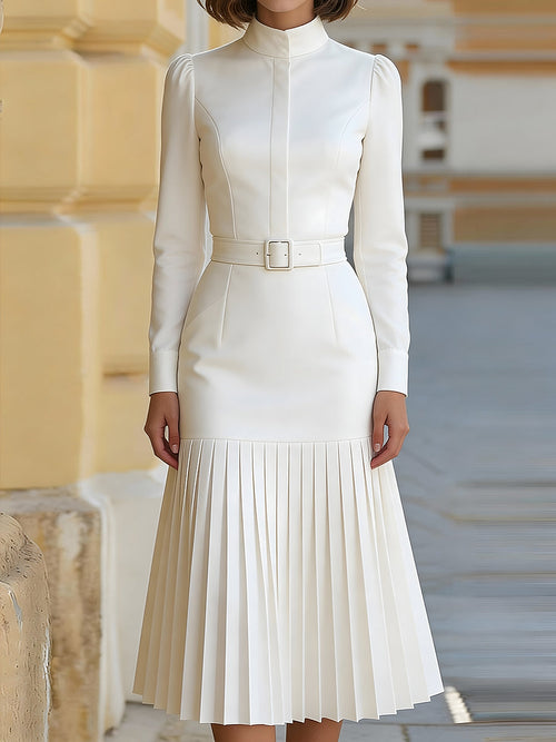 High-Neck Belted Long-Sleeve Pleated Midi Dress ZJ