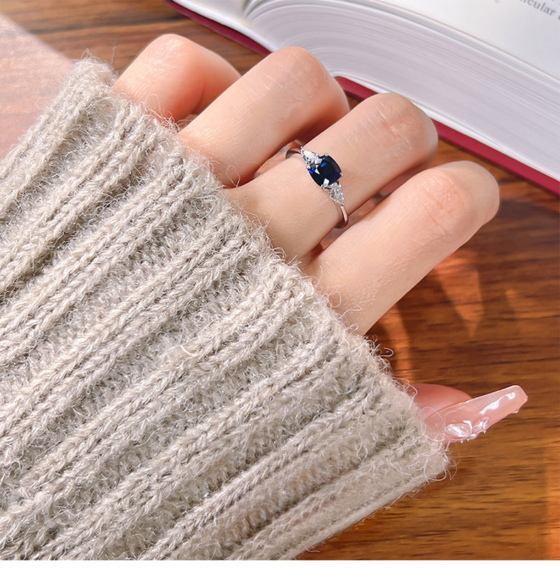 Three Stone Blue Cushion Cut Sterling Silver Ring Carly Jewelry