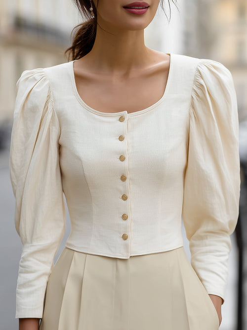 Romantic Puff-Sleeve Square-Neck Buttoned Blouse MLZ