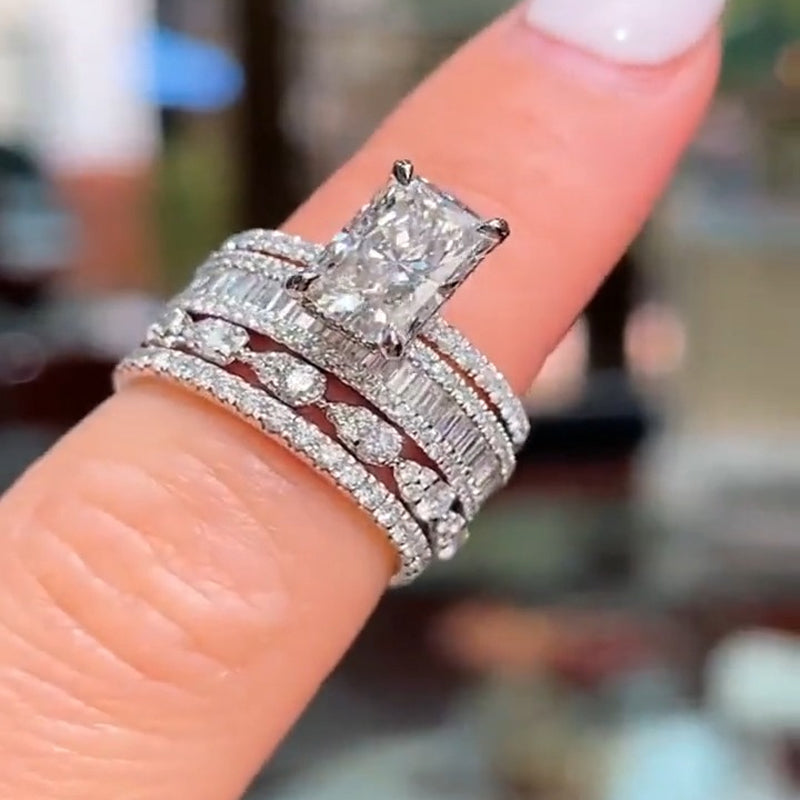 4PCS Radiant Cut Ring With Baguette & Pear Band Bridal Set in Sterling Silver Shineofdiamond