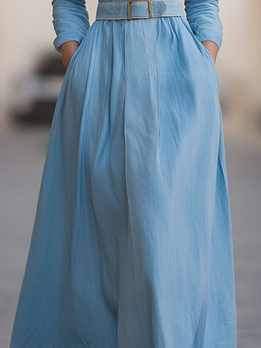 Classic Belted Denim Shirt Dress With Full Skirt ZJ