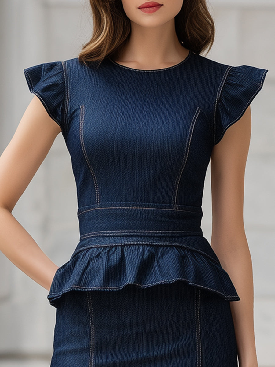 Structured Denim Ruffle Peplum Dress ZJ