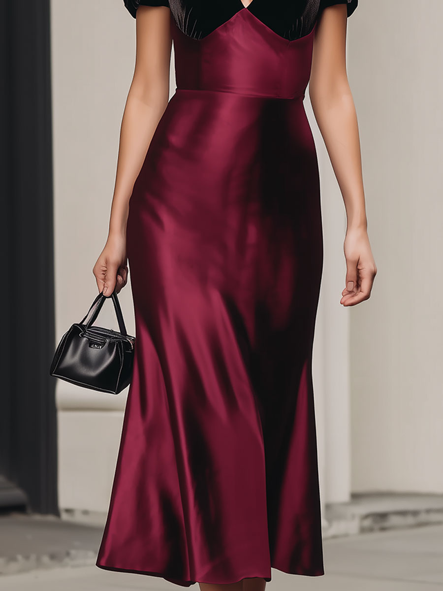 Burgundy Satin Midi Dress With Black Velvet Puffy Sleeves SN