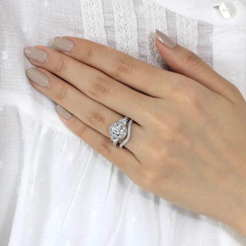 Vintage Curved Art Deco Oval Cut Bridal Set In Sterling Silver Shineofidamond