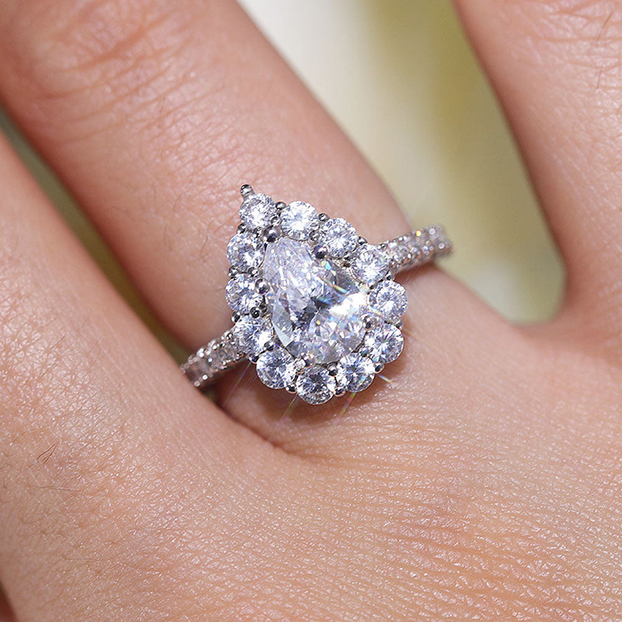 Stunning Pear Cut Halo Design Sterling Silver Engagement Ring Shine of Diamond