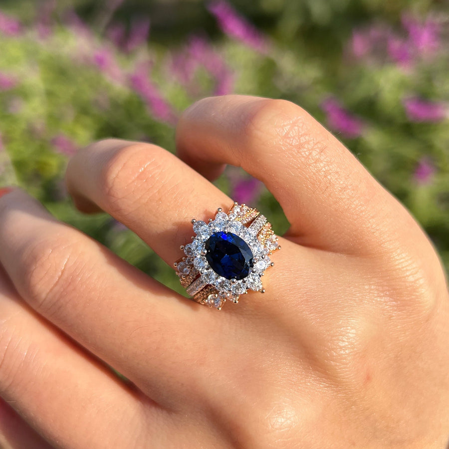 Vintage 2Pcs Blue Oval Cut Halo Sterling Silver Bridal Set Shine of Diamond