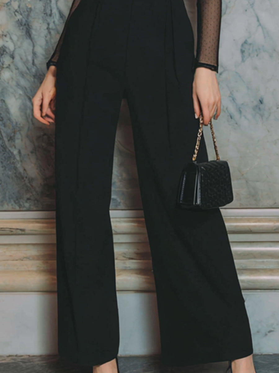 Black Mesh-Sleeve Tailored Wide-Leg Jumpsuit With Belt ZJ