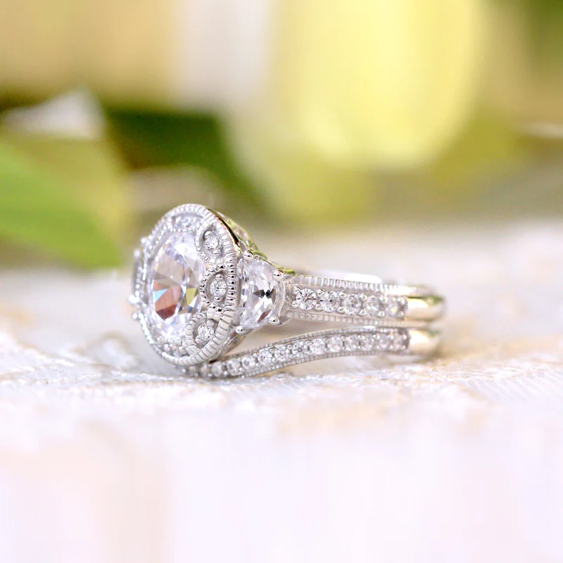 Vintage Curved Art Deco Oval Cut Bridal Set In Sterling Silver Shineofidamond