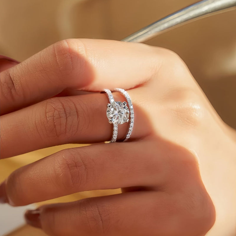 Classic 4 Prong Round Cut Sterling Silver Engagement Ring with Band Shine of Diamond
