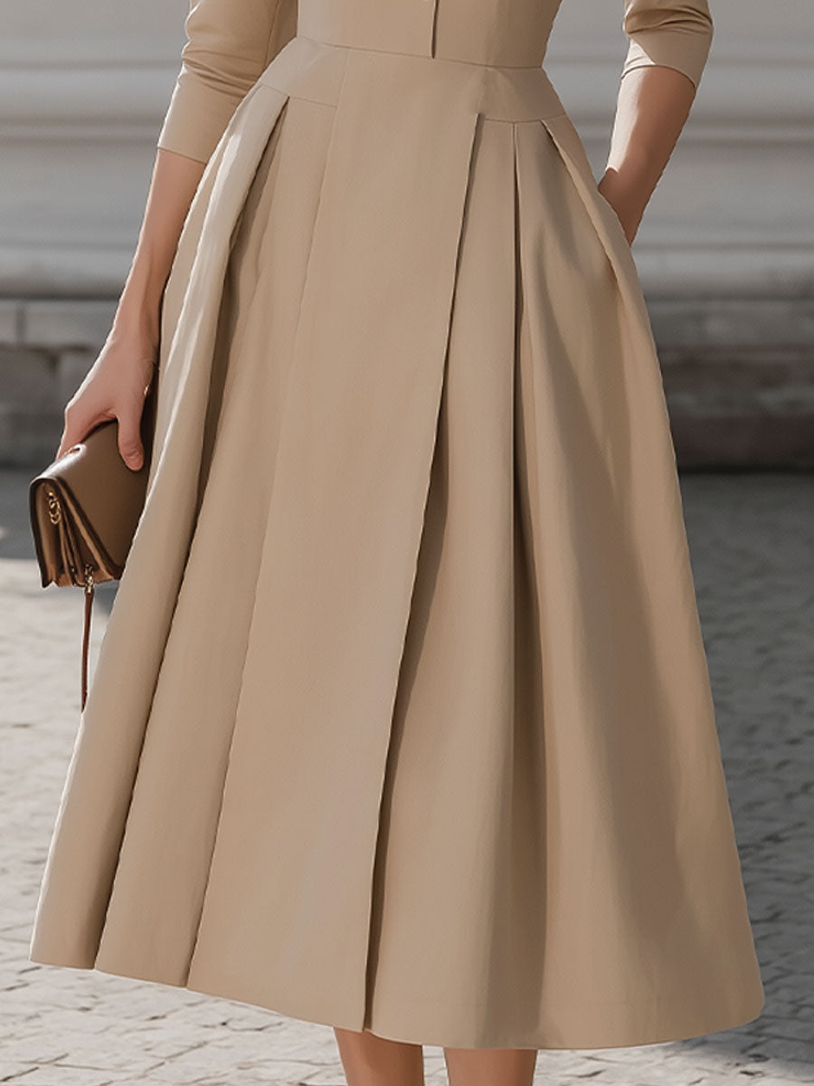 CAAYWORLD Beige Shirt-Collar Pleated Midi Dress SN