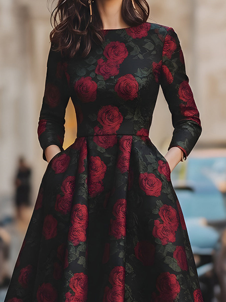 Elegant Jacquard Rose Print Midi Dress HWT