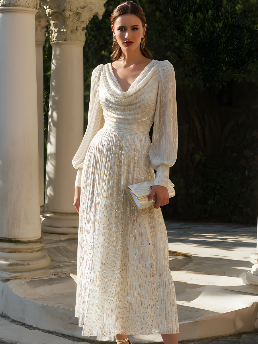 Long Sleeve Shimmer Cowl Neck Pleated Gown XYS