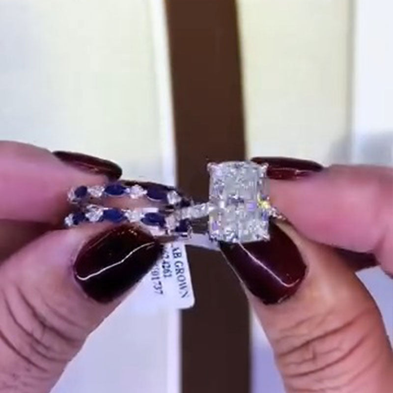 Vintage 2 PCS Blue Cushion Cut Sterling Silver Bridal Set Shine of Diamond